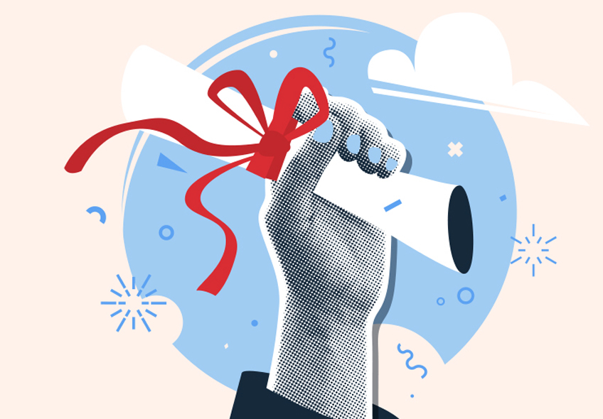 An illustration showing a hand holding a diploma with a red ribbon tied around it with starbursts and squiggly lines round the hand.