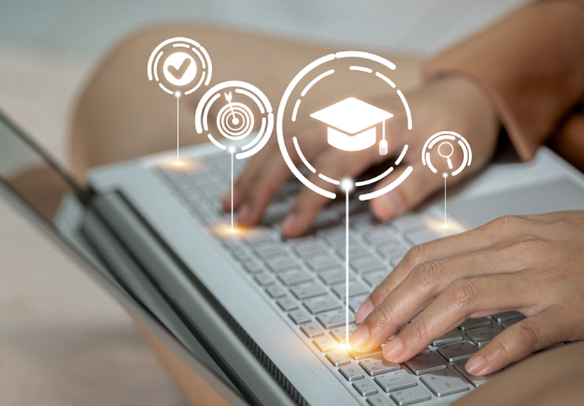 A person interacts with a floating digital interface labeled "E-learning," featuring icons of a book, brain, certificate, and target. The tone is modern and innovative.