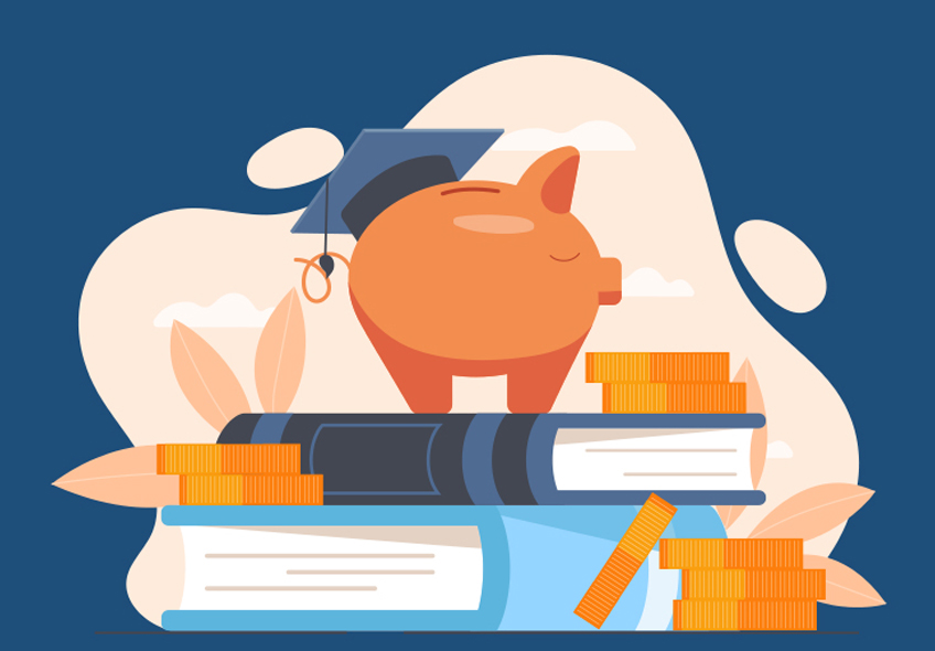 An illustration of a piggy bank wearing a graduation cap sitting atop a stack of books.