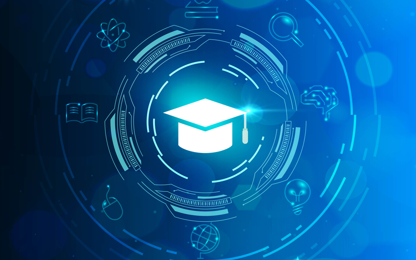 Graduation cap icon surrounded by digital education symbols on a blue background.