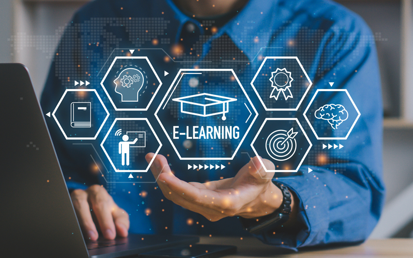 A person interacts with a floating digital interface labeled "E-learning," featuring icons of a book, brain, certificate, and target. The tone is modern and innovative.