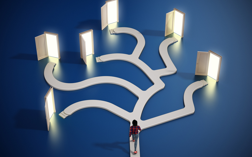A person stands at a branching path with seven illuminated doors on a blue background, symbolizing choices and decision-making. The scene is contemplative.