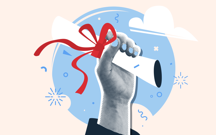 An illustration showing a hand holding a diploma with a red ribbon tied around it with starbursts and squiggly lines round the hand.