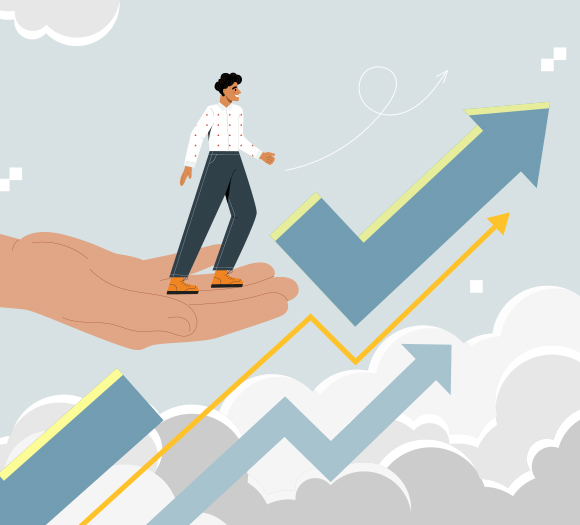 An illustration of a hand holding a person with directional arrows pointing upward surrounding the hand.