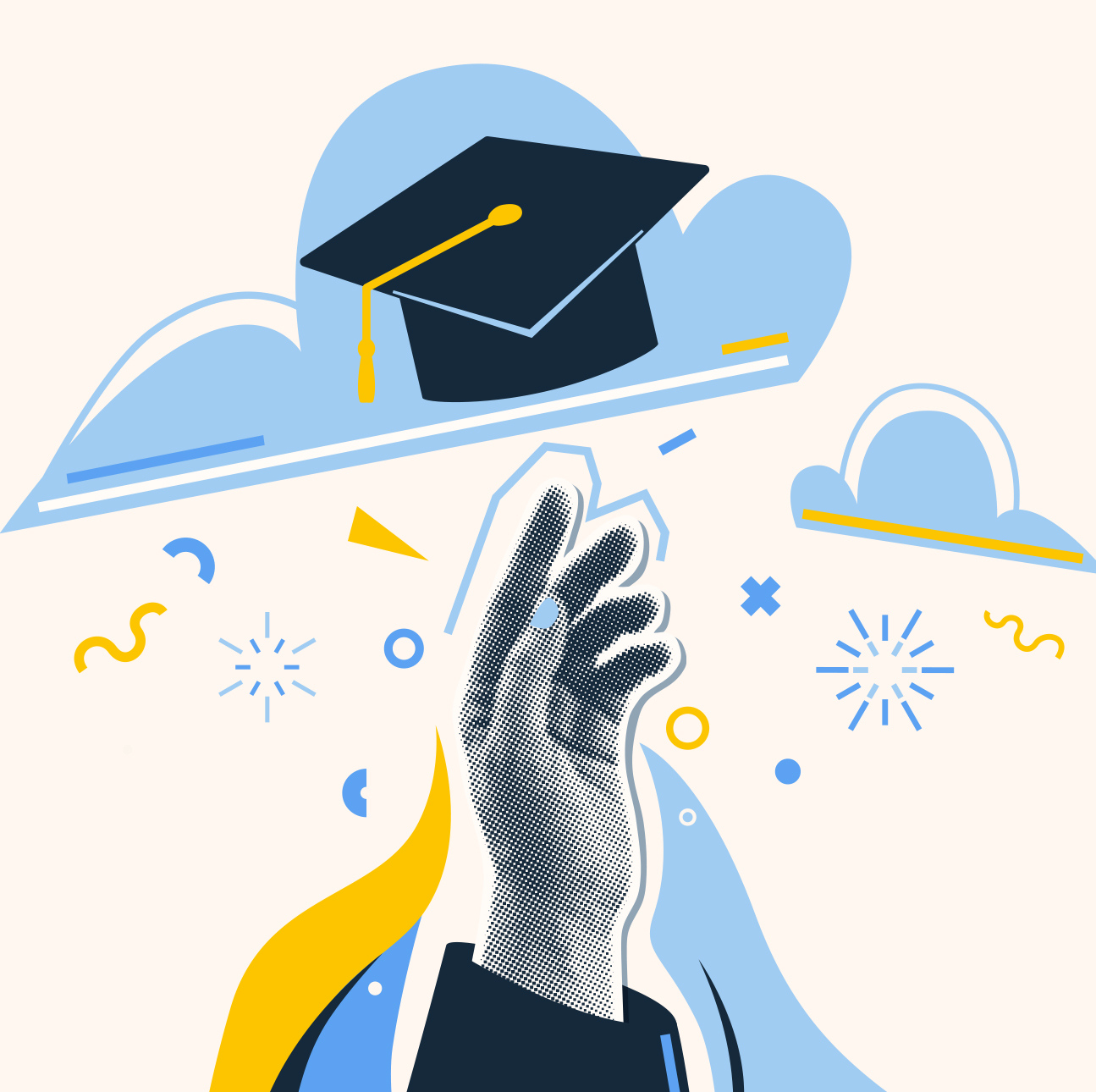An illustration of a hand throwing a graduation cap in the air, with swirling graphic and stars around the hat.