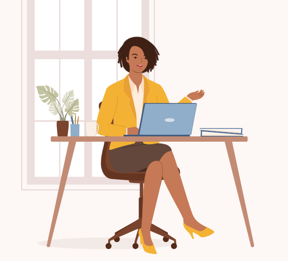 An illustration of an African American woman facing forward working at a computer on her desk while at work.