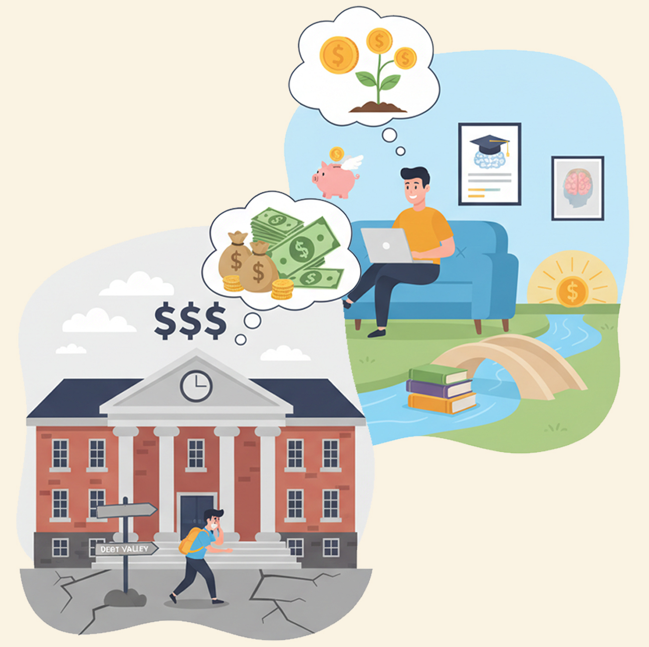 A collage illustration featuring two scenes. The first is a man walking in front of a building, distressed, with a speech bubble showing a lot of money. The second shows the same man smiling while sitting on a couch with a laptop and a speech bubble showing money going into a piggy bank.