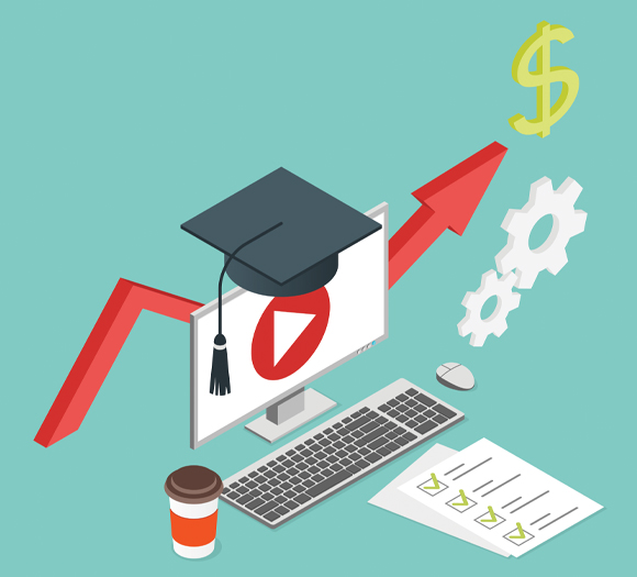 Illustration of online learning with a graduation cap on a monitor, an upward red arrow, gears, a dollar symbol, and office items on a teal background.